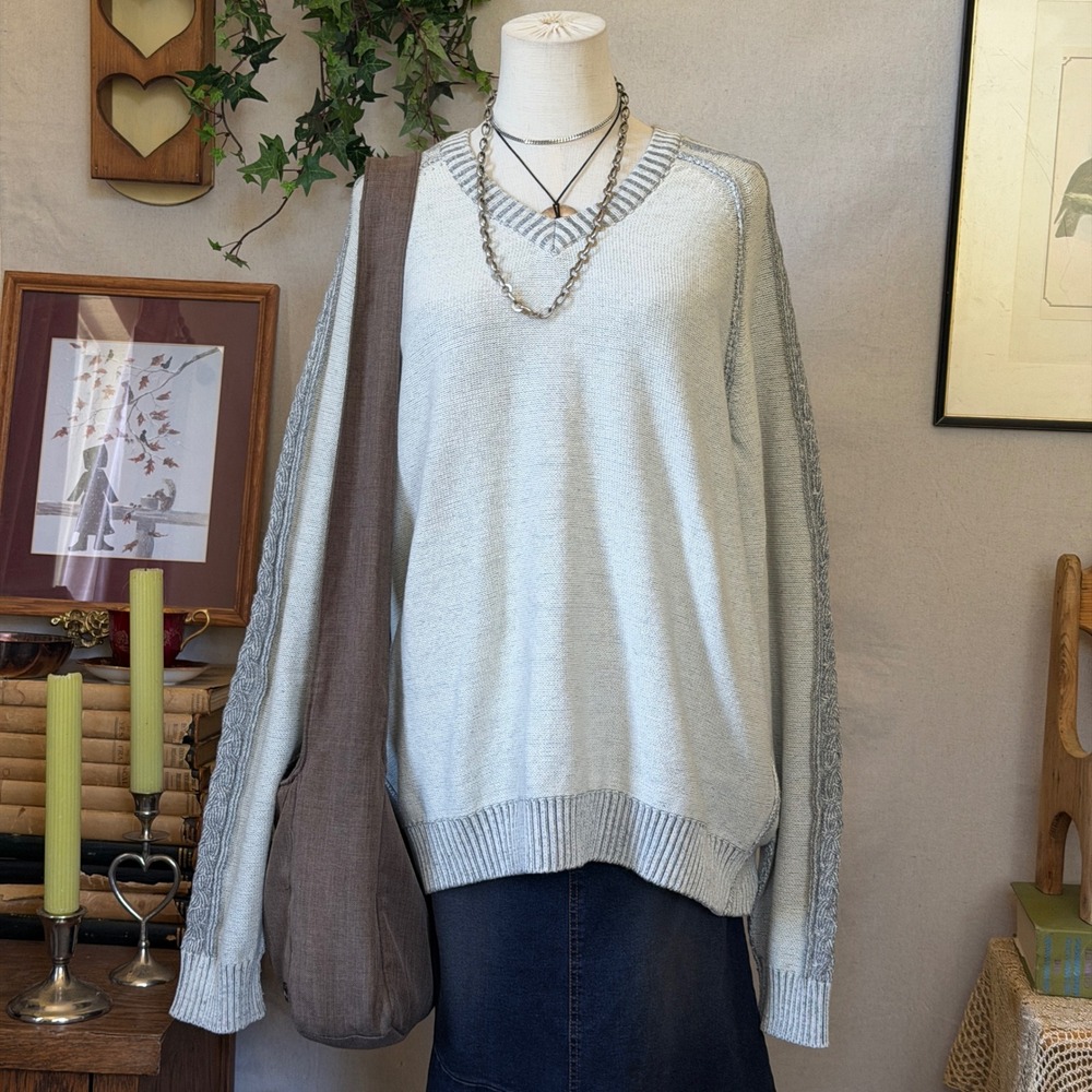 Gray Ribbed Cotton Sweater Oversized Indie Grunge XXL Y2K Cozy Knit Vneck